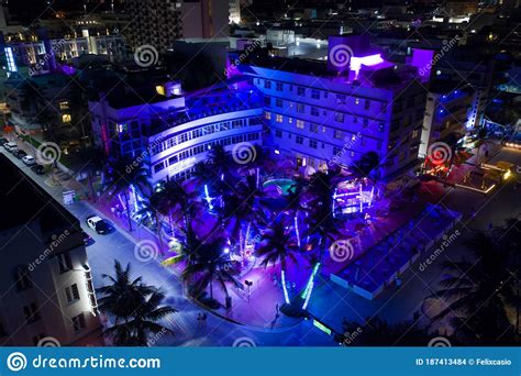 Aerial Night Photo Clevelander Miami Beach Hotel And Disco Club Neon Blue Lights Editorial Stock