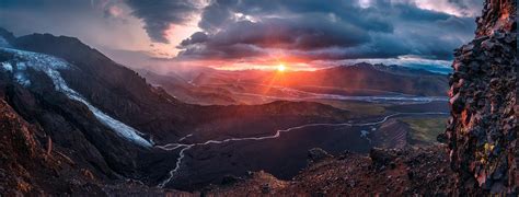 Nature Landscape Sunrise Panoramas Valley Glaciers River Sky