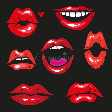 Woman Lip Gestures Set Girl Mouths Close Up With Red Lipstick Makeup