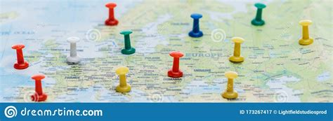 Panoramic Shot Of Colorful Pins On World Map Stock Image Image Of