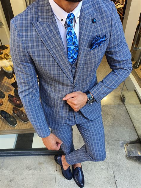 Buy Navy Blue Slim Fit Check Suit By With Free Shipping