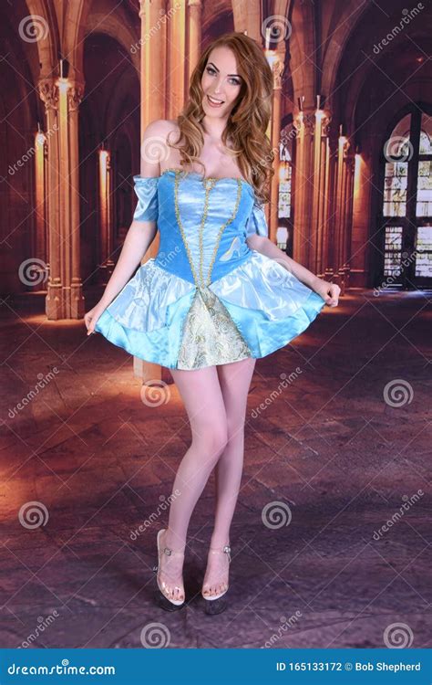 Beautiful Tall Slim Busty Redhead Model Dressed As Cinderella At The