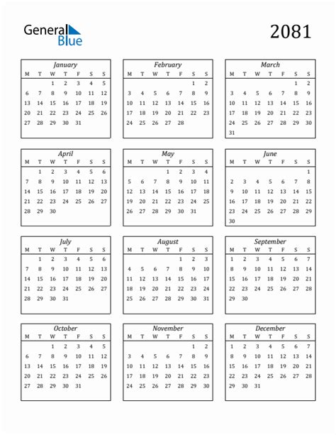 2081 Yearly Calendar Templates With Monday Start
