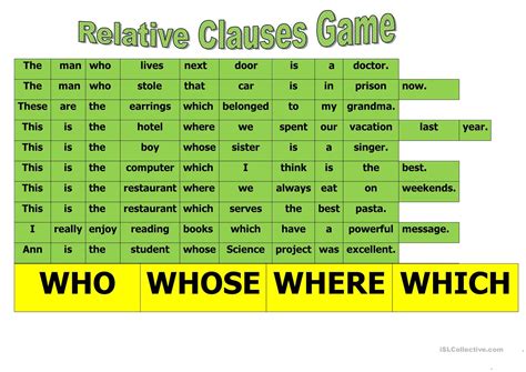 RELATIVE CLAUSE GAME - English ESL Worksheets for distance learning and ...