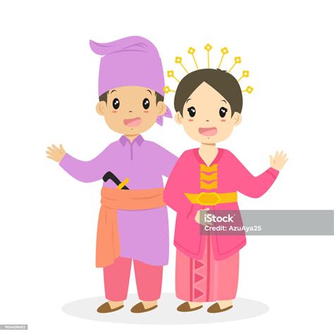 Boy And Girl Wearing Indonesian Riau Traditional Dress Cartoon Vector