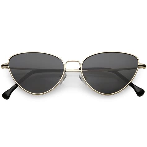 Womens Slim Metal Cat Eye Sunglasses Neutral Colored Flat Lens 54mm Gold Smoke