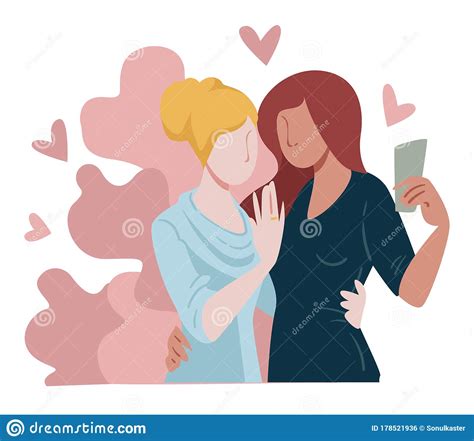 Engaged Lesbian Couple Taking Selfie Of Precious Moment Stock Vector