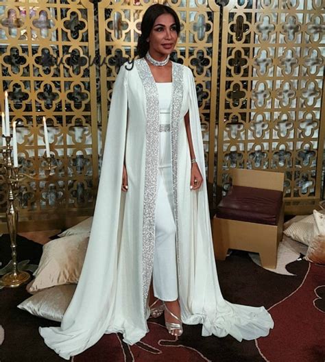 Dubai Muslim Evening Dress White Sequin Moroccan Kaftan Cape Prom Gown