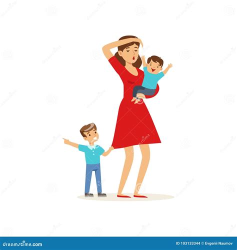 Tired Mother With Crazy Hair And Her Three Kids In Cartoon Style Vector
