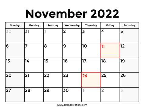 November 2022 Calendar With Holidays Calendar Options