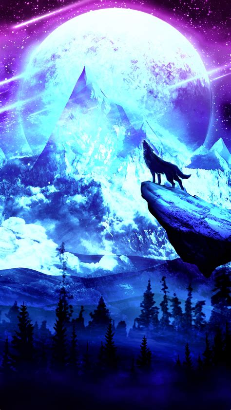 Download Wallpaper 2160x3840 Wolf Moon Night Mountains Art Samsung