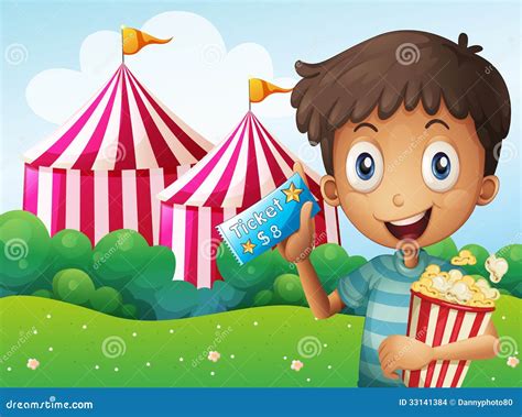 A Boy Holding A Ticket And A Pail Of Popcorn Stock Vector