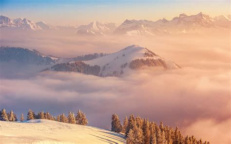 Winter Mountains Clouds Top View Switzerland Wallpaper Nature And