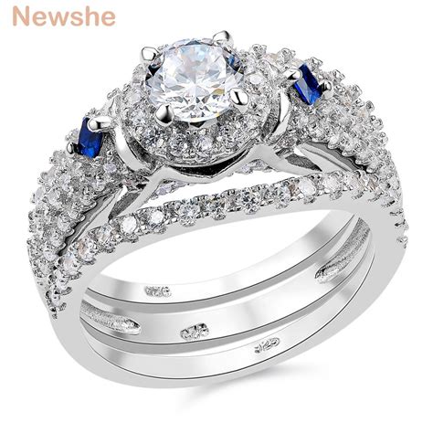 Newshe Solid 925 Sterling Silver Halo Wedding Ring 3 Pcs Set Round Cut