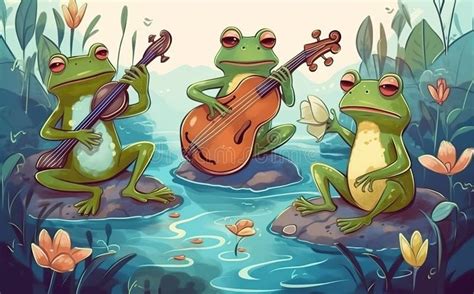 Very Cute Frog Band The Frogs Make Music Very Cheerfully In Their