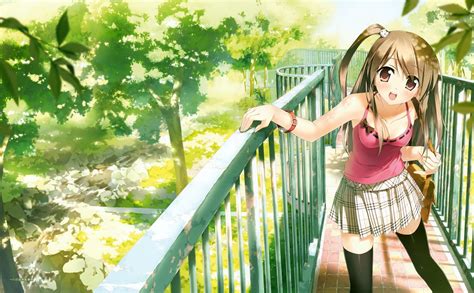 anime girls schoolgirls bridge garden smiling wallpapers hd desktop and mobile backgrounds
