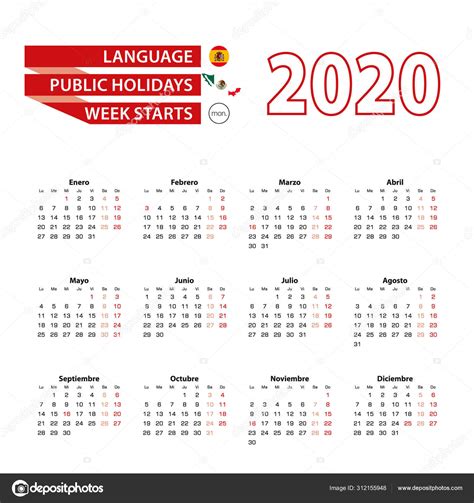 Calendario 2020 En Español Con Días Festivos En El País De México En El