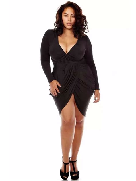 New 2015 Sexy Plus Size Dress Women Deep V Neck Club Dress Solid Long Sleeve Irregular