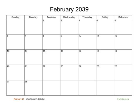 Basic Calendar For February 2039