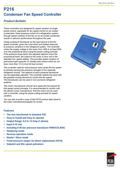 Johnson Controls Penn P216 Product Bulletin Pdf Download Manualslib