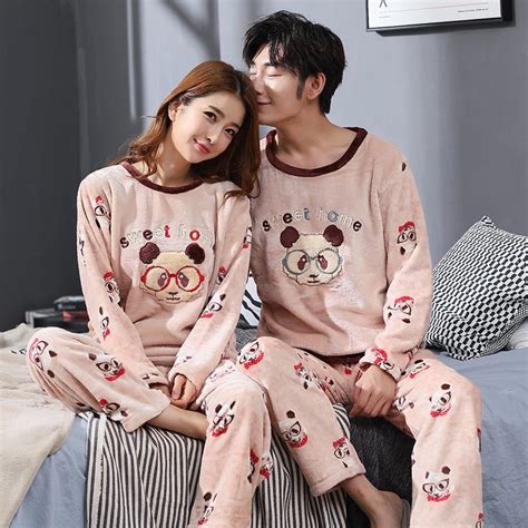 Winter Couple Cartoon Coral Velvet Pajamas Set Women Long Sleeve Plus