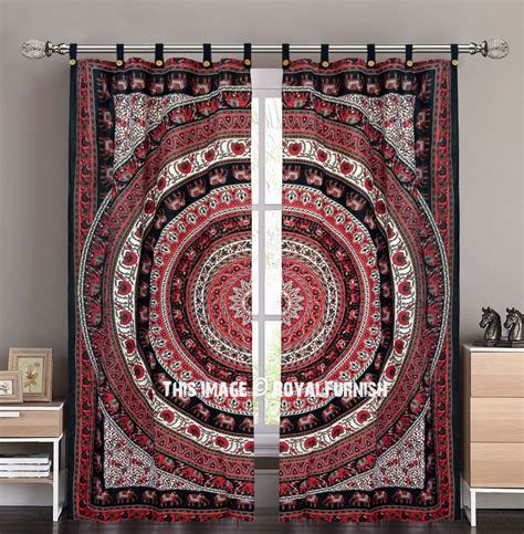 Red And Brown Elephants Medallion Tapestry Curtain Panel Pair