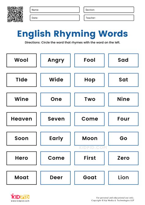 Grade 1 Rhyming Words Worksheets Templates Printable Free