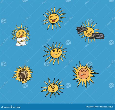 Sun Smileys In Different Moods Vector Art Stock Vector Illustration