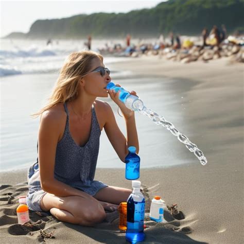 Woman Drinking Bottled Water On Beach OpenArt