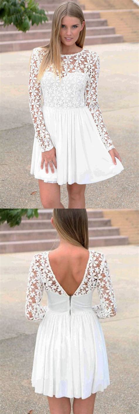 A Line Long Sleeves White Chiffon Gorgeous Homecoming Dress With Lace