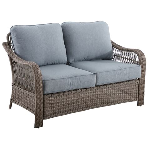 Allen Roth Pointe Break 2 Piece Wicker Patio Conversation Set With Blue Cushions In The Patio