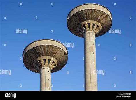 Concrete Two Water Towers Against Blue Sky Stock Photo Alamy