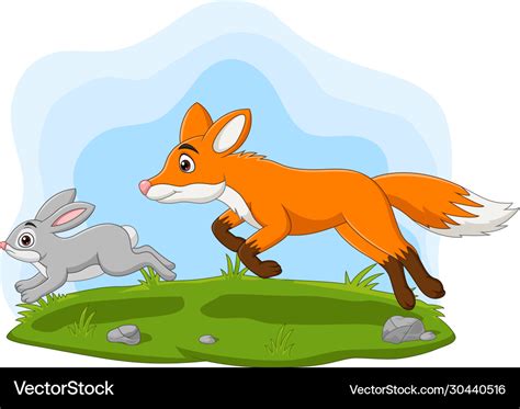 Cartoon Rabbit Chased Fox In Forest Royalty Free Vector