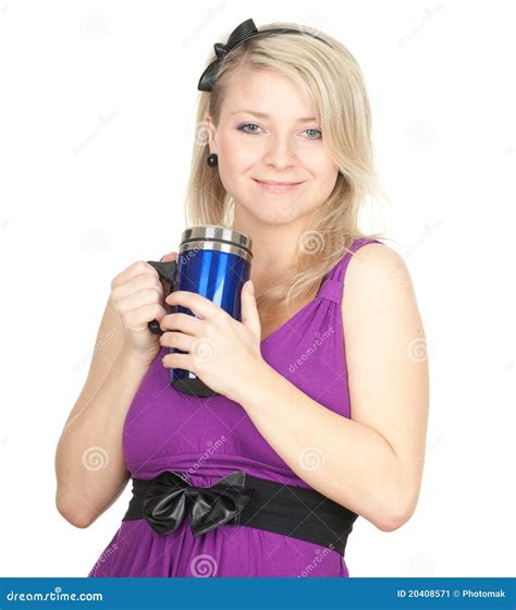 Woman With Big Blue Cup Stock Image Image Of Happy Happiness 20408571
