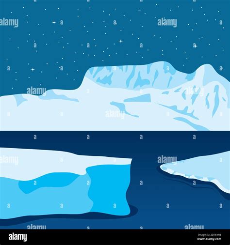 Vector Illustration Design Of Cartoon Icebergs Arctic Night Landscape