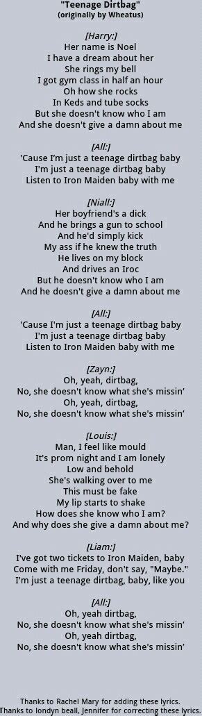 Teenage Dirtbag One Direction Lyrics One Direction Songs One