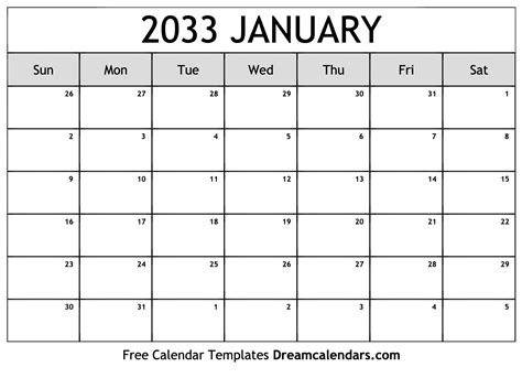 January 2033 Calendar Free Blank Printable With Holidays