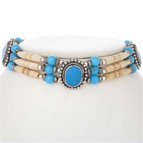 Turquoise Bone Choker Tribal Three Strand Native American Jewelry
