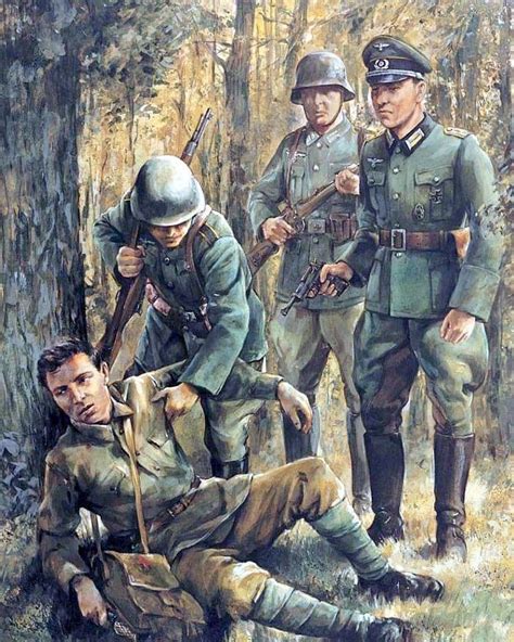 A Painting Of Soldiers In The Woods With One Laying On The Ground And
