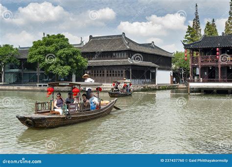 Chinese Traditional Rowboat In The Dianpu River In Zhujiajiao Ancient