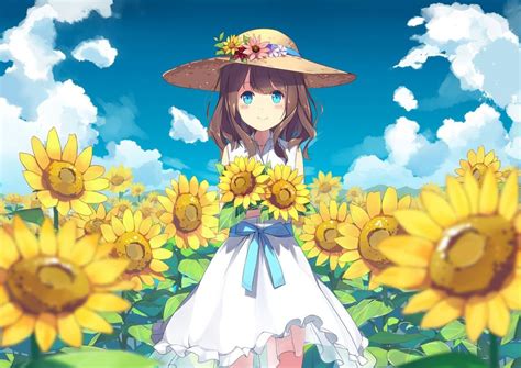 Anime Girl Sunflowers Field Land Summer Strawhat Light