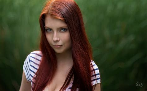 Wallpaper Face Women Redhead Model Long Hair Blue Eyes Black Hair Cleavage Piercing