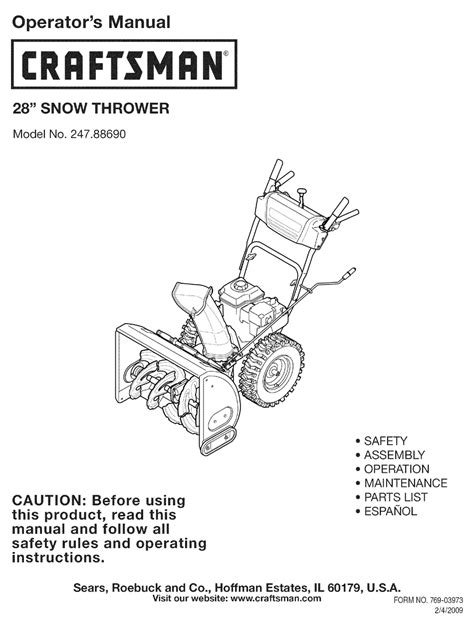Craftsman 88690 250cc 28 Path Two Stage Snow Thrower Operators