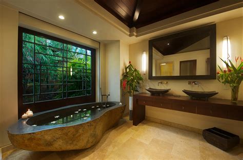 Balinese Bathroom Design With Natural Stone Bathtub And Sink Balinese