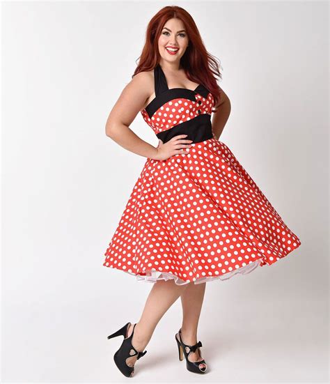 Plus Size 1950s Style Red And White Polka Dot Ashley Halter Swing Dress