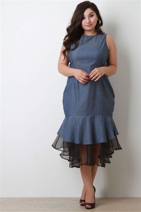 If you're in the market for a new casual dress (or two) that you can wear without a second thought, look for flowy fabrics that offer so much ease. Denim Sleeveless Peplum Tulle Hem Midi Dress | Midi dress ...