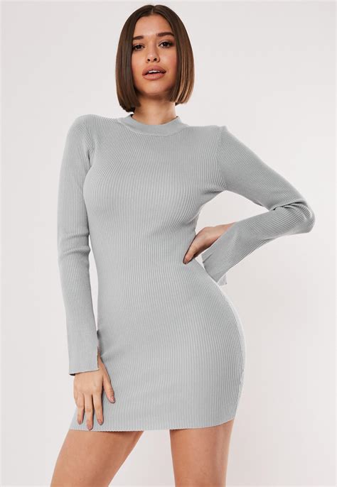 Gray Long Sleeve Ribbed Sweater Dress Missguided