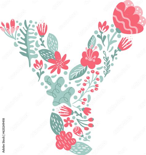 Vector Hand Drawn Font Letter Y With Flowers And Branches Blossom