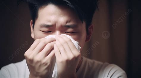 Man Blowing His Nose With A Tissue Background A Young Man Who Is Hot