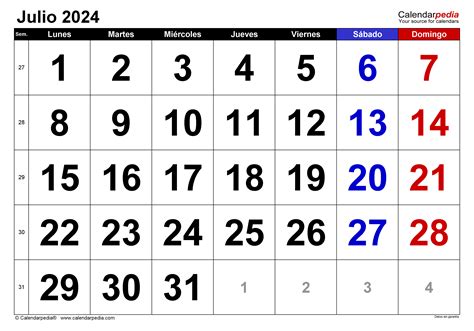 Calendario Julio 2024 En Word Excel Y Pdf Calendarpedia